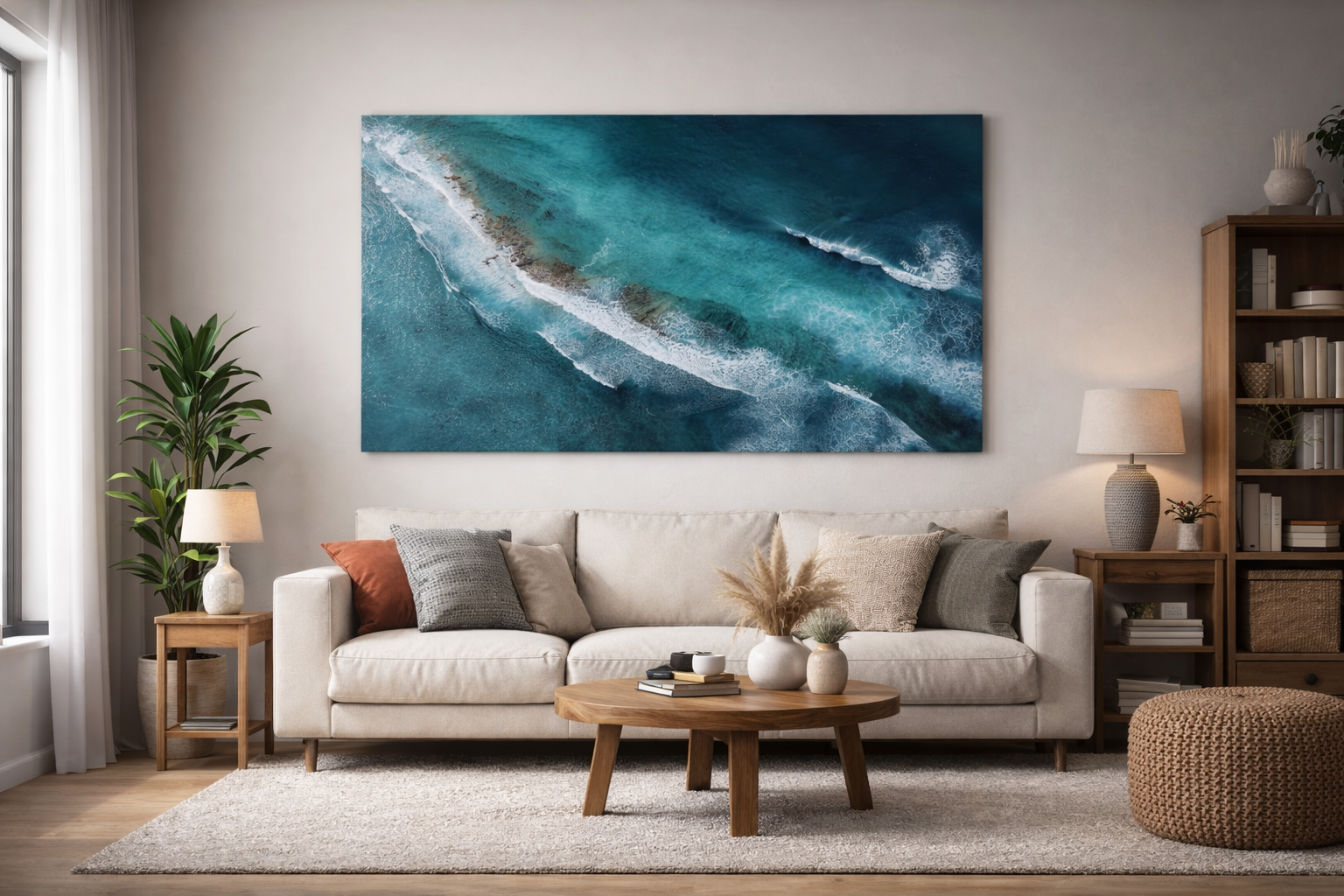 Large canvas print of an ocean view in a cozy living room.