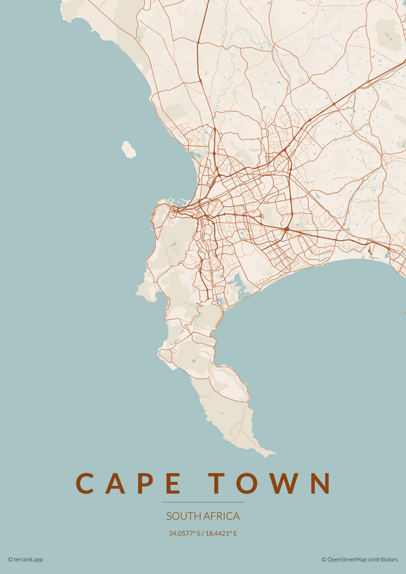 Custom Cape Town map design available as wallpaper or stretched canvas