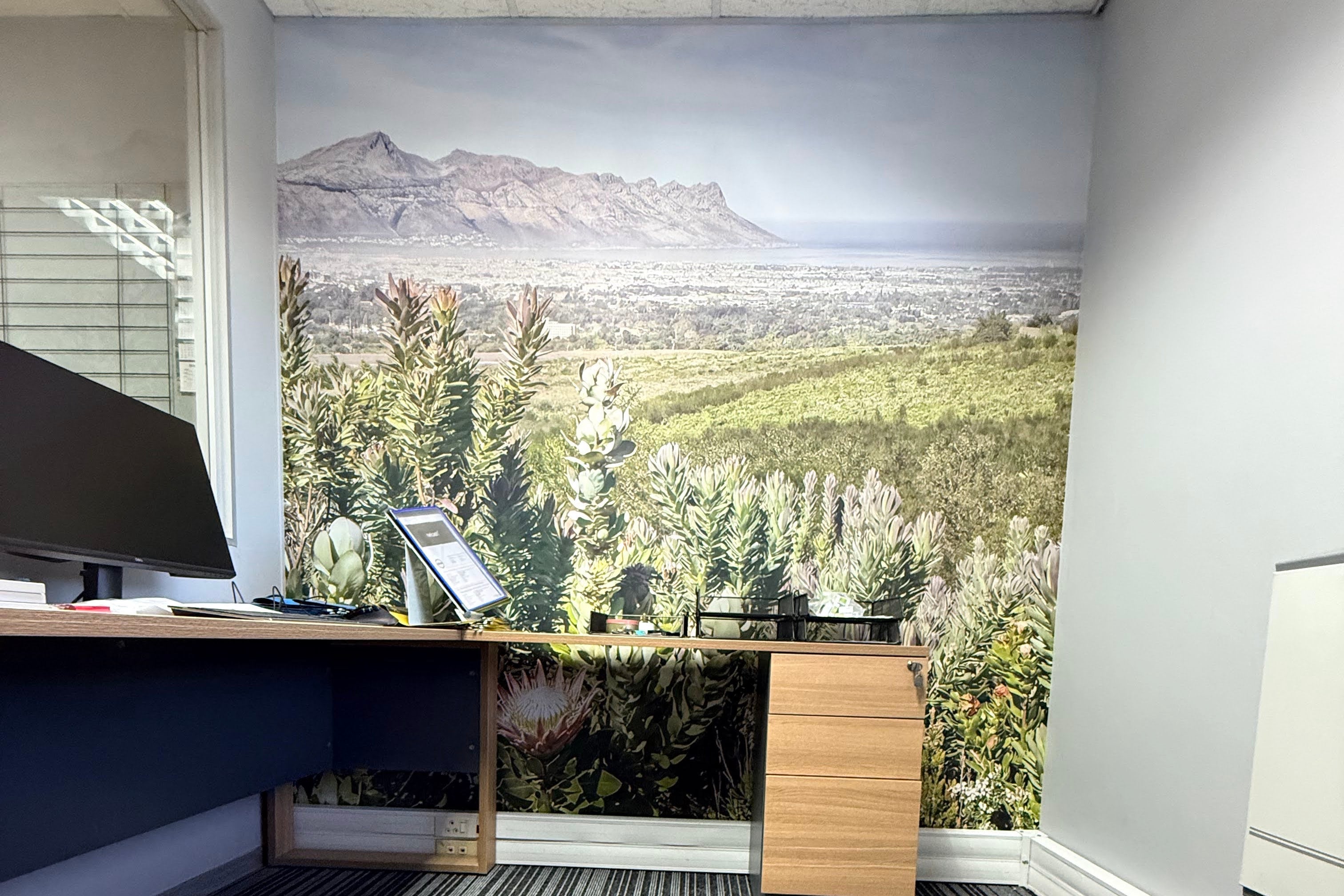 Custom wallpaper installation creating a seamless feature wall in Cape Town.
