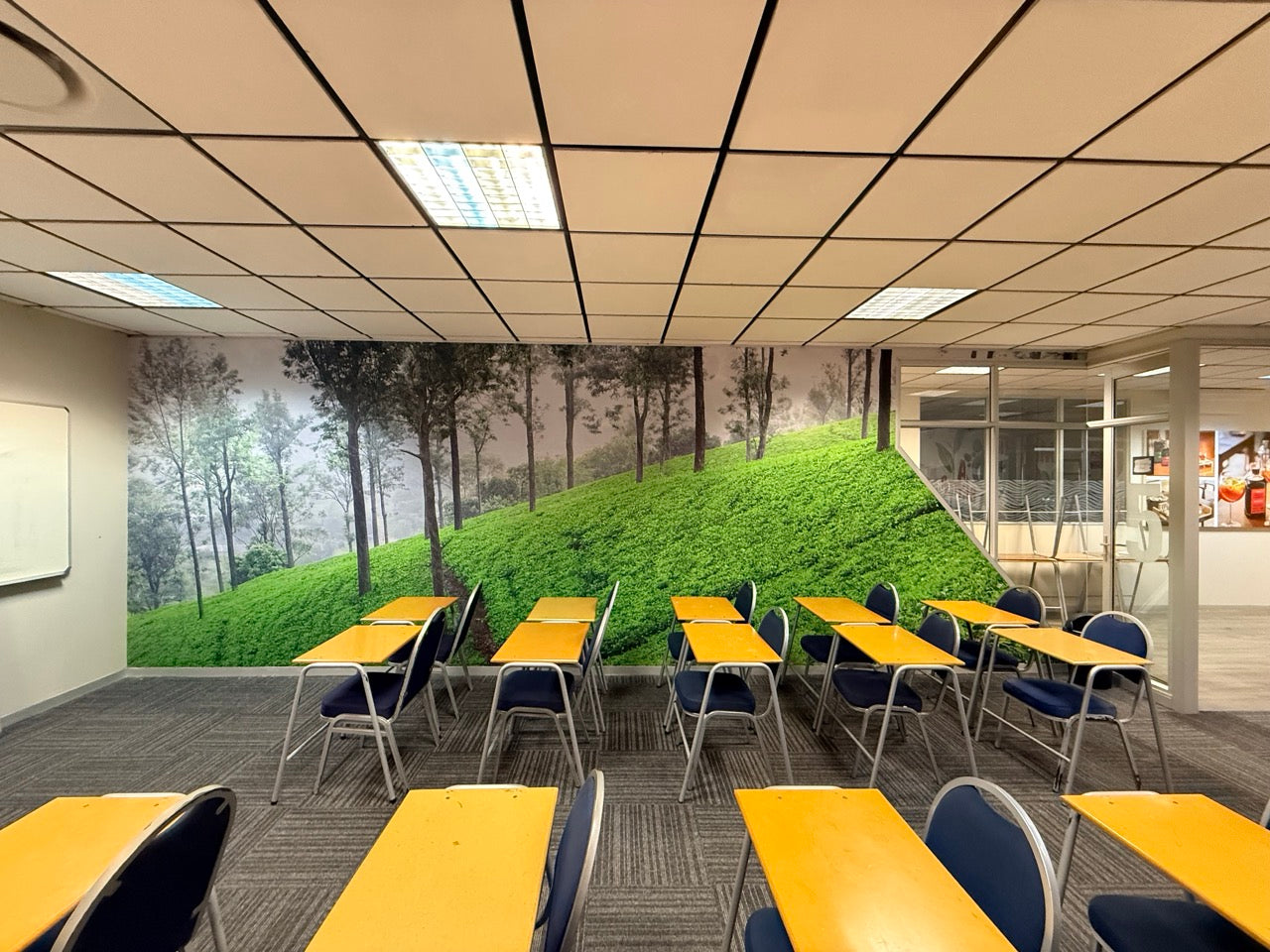 Custom botanical wallpaper installation in a classroom at the International Hotel School