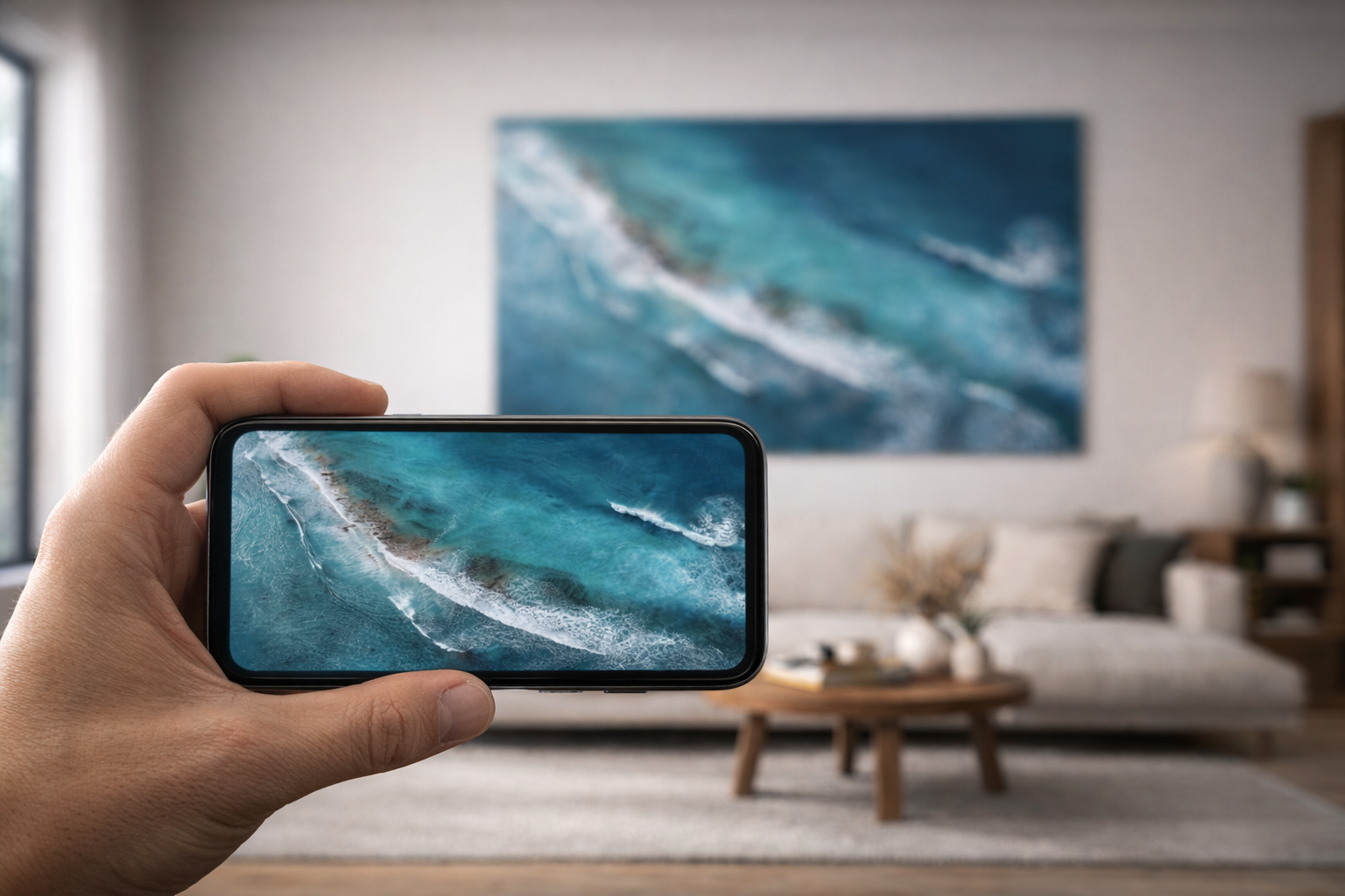 Person holding a phone showing the image that’s displayed on a large canvas in the background.