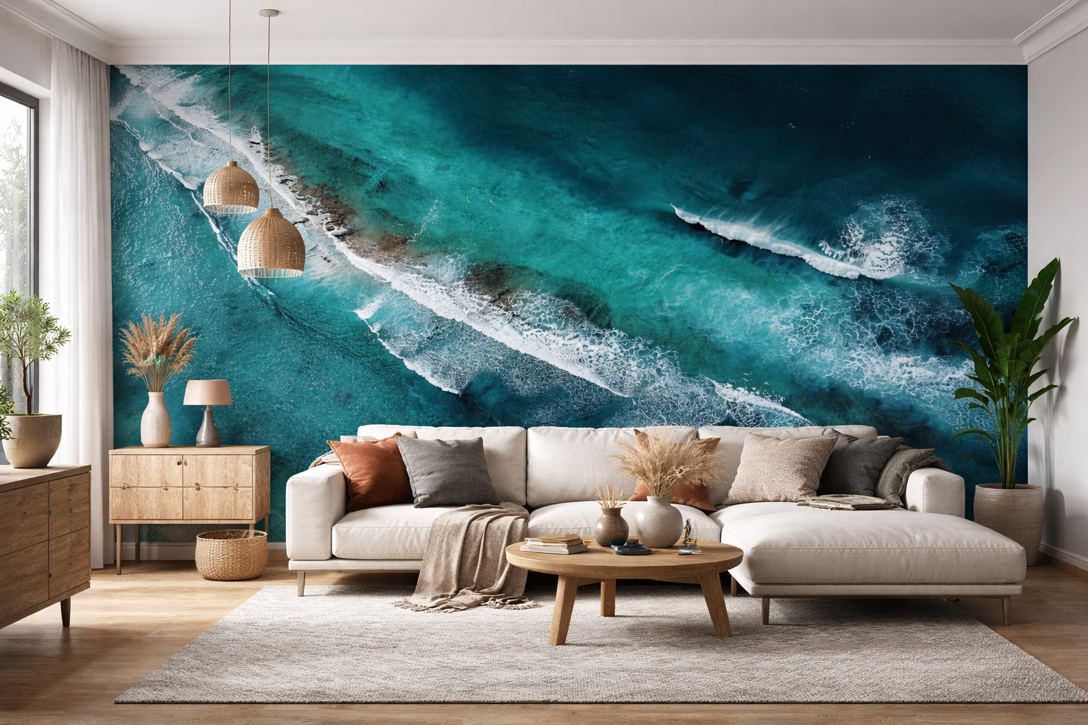 Coastal-themed wallpaper in a modern living room with a couch.